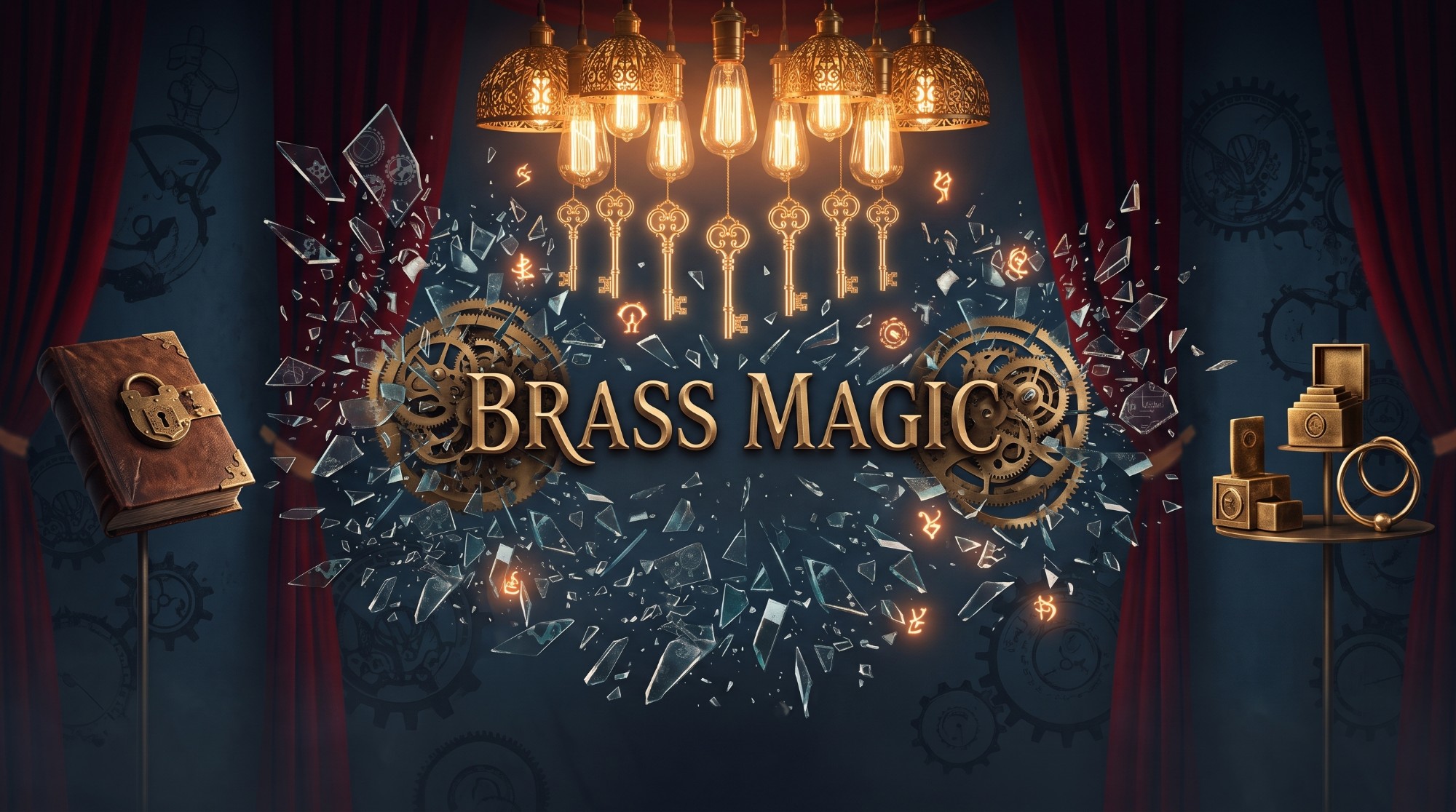 Brass Magic stage scene with golden keys, Edison bulbs, clockwork gears and shattering glass
