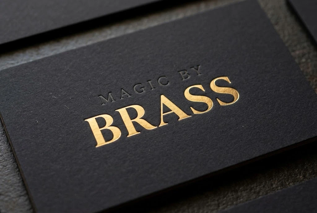 Magic by Brass black business card with gold foil lettering