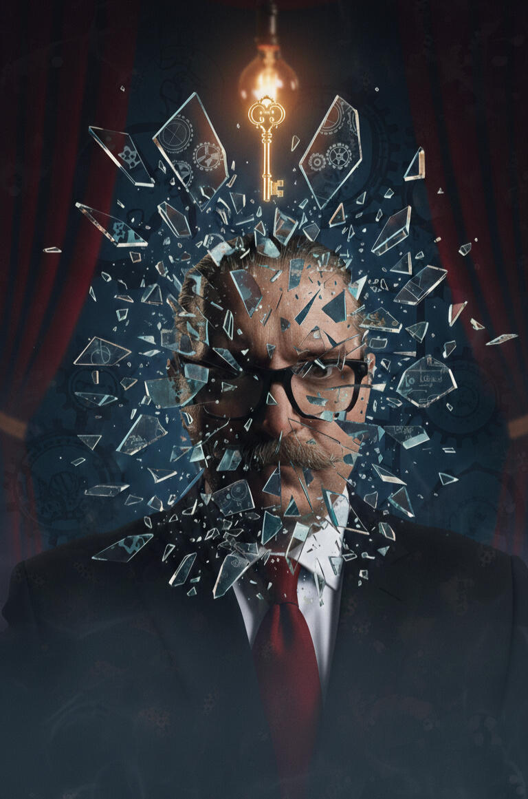 Simon Brass, close-up magician and mentalist from Durham, in a suit and red tie with shattering glass around him